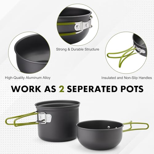 THTYBROS Green Camping Cookware Kit with Pots, Pans & Utensils for Backpacking