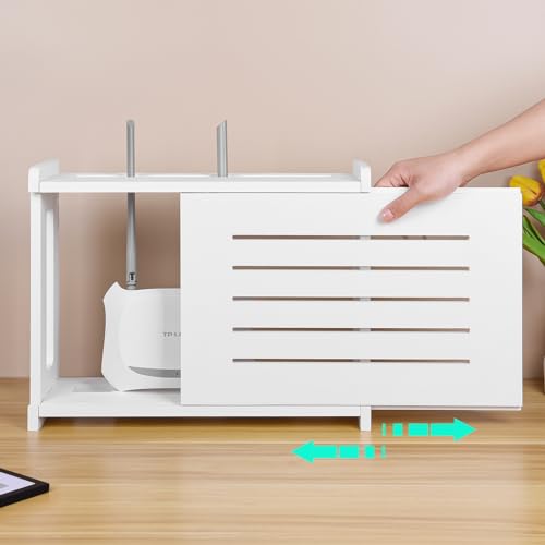 Router Shelf Wall Mount WiFi Router Storage Box Modem Cable Router Cover Organized Power Strip Cable Management Hider Rack by Solid Wood Need Assembly White