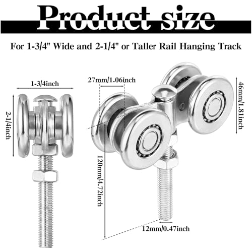 Yexiya 4 Pcs Wheel Trolley Assembly Barn Door Rollers for 1-3/4" Wide and 2-1/4" or Taller Rail Hanging Track, Beam Trolley Applied for Mount Heavy Barn or Shed Sliding Doors