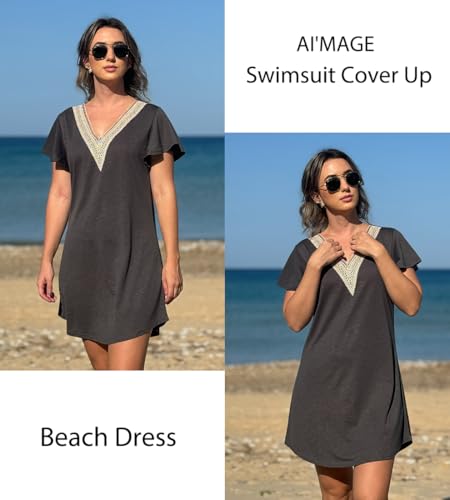 Women's V Neck Swimsuit Cover Up Beach Dress - Deep Grey / Medium