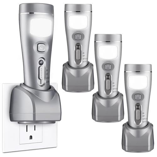 4 Pack Rechargeable Emergency Night Lights with Auto Power Outage - Silver, Model GRINSVALLEY