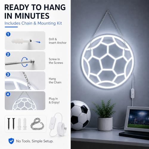 Soccer Ball Neon Sign - 12.6 Inch USB LED Light for Room Decor