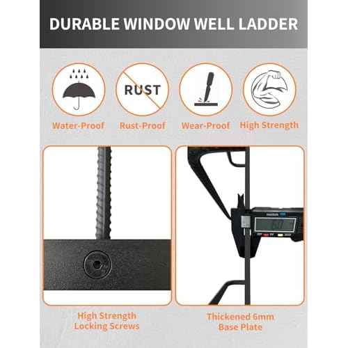 3-Rung Window Well Ladder, Heavy Duty Steel Basement Egress Ladder, Fire Escape Ladder for Emergency Home Safety(34.2" Lx17.9 W, Straight, Matte Black)