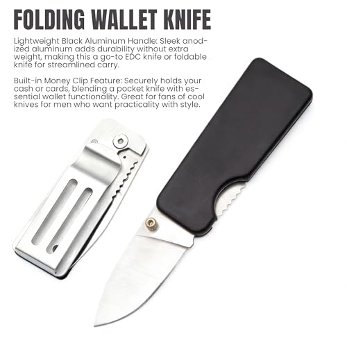 Compact Money Clip Folding Pocket Knife - 2.5" Stainless Steel Blade, Black Aluminum Handle
