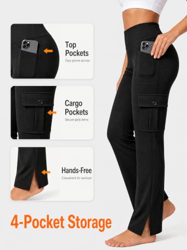 YepMoll Women's Medium Black Cargo Yoga Pants with Multi Pockets & Slit - Casual Trousers
