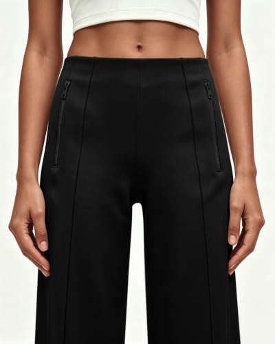 QINSEN Women's High-Waisted Wide Leg Yoga Pants with Zipper Pockets - Long 31.5", Black, Medium