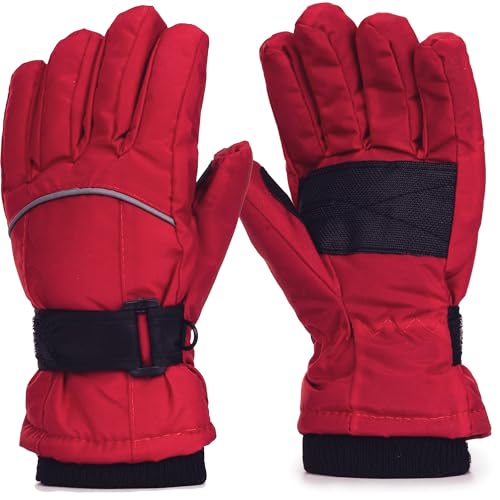 Kids Winter Ski Gloves - Warm Windproof for 5-10T - Curved Red