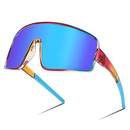 FEISEDY Polarized Oversized Sports Sunglasses for Men Women Youth - Blue Mirror Lens, 71mm, Transparent Blue Red Frame