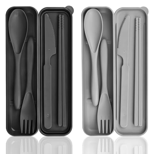 Reusable Travel Utensil Set with Case - 2 Sets, Black & Grey