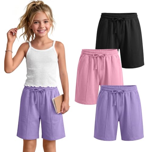 Girl's Knee Length Shorts - 3 Pack, 9-10 Years, Taro Purple, Pink, Black