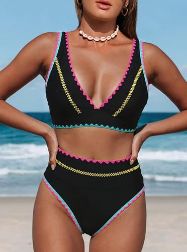 Hilinker Women's Leopard Bikini Swimsuit Set Medium Black Geometric High Waisted Two-Piece