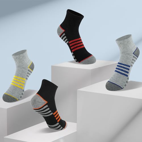 Boys Athletic Quarter Socks - Cushioned Ankle Sports Socks - 6 Pairs, Sizes 7-10 Years, Black