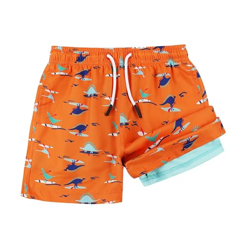 Toddler Boys Swim Trunks with Quick Dry Compression Liner - Boating Dinosaur 14-16