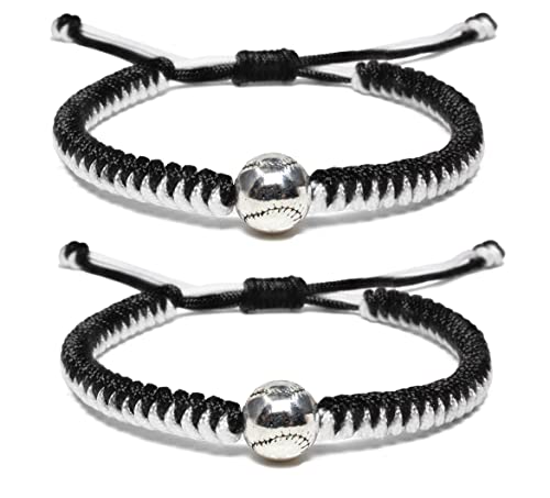 Handmade Braided Baseball Bracelet Set - Adjustable Wristbands - Black 2PCS