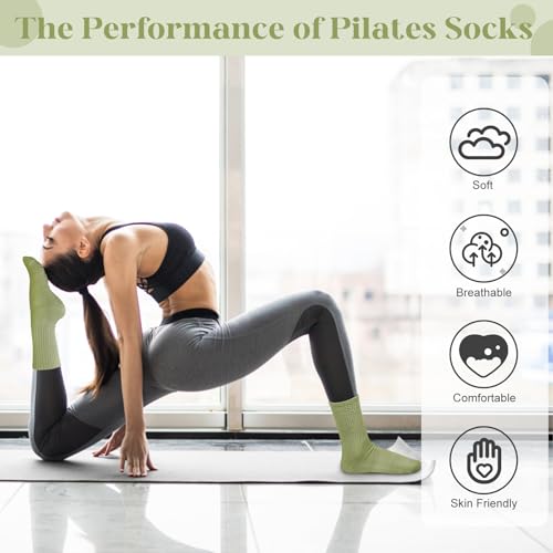Non-Slip Pilates Socks with Grips for Women - 6 Pairs, Dark Grey+Light Grey+Khaki+White+Pickles Green+Black