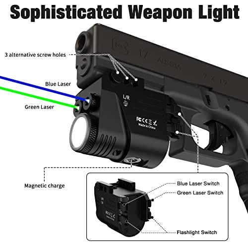500 Lumen Blue Green Laser Light for Pistol, Rechargeable Rail Mounted Flashlight Laser Combo for Picatinny Rail, Magnetic Charging