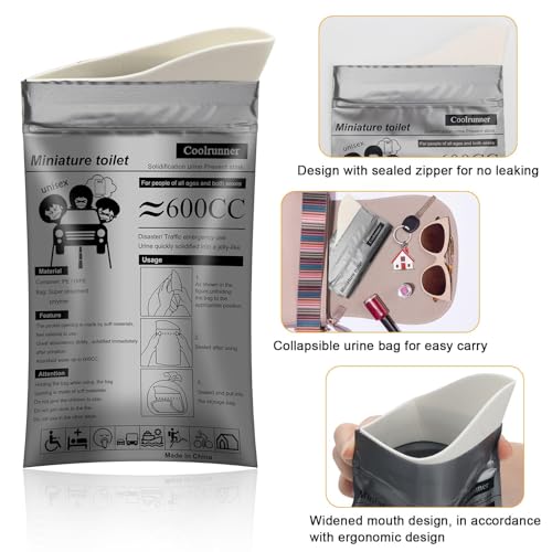 Coolrunner Gray Disposable Urine Bags 50 Pack - Unisex Travel & Emergency Pee Bags
