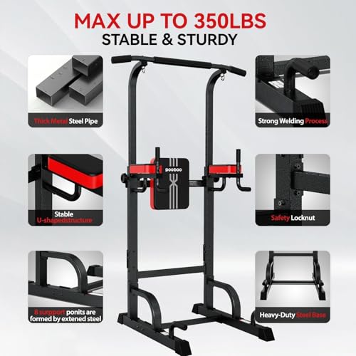 Power Tower Dip Station - Adjustable Height, 450LB Capacity - Black Red-03
