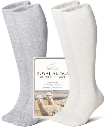 LEVSOX Alpaca Compression Socks for Women 15-20 mmHg Support, Medium-Large, 2 Pairs Beige/Light Grey