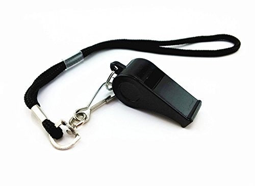 Plastic Coach Whistles with Wrist Strap - Pack of 6 (Black)