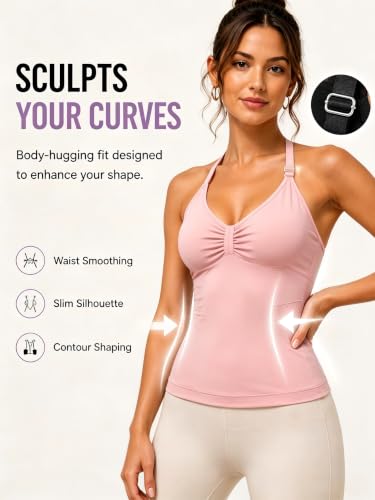 Seamless Longline Strappy Tank Top for Women with Built-in Bra - Small Pink