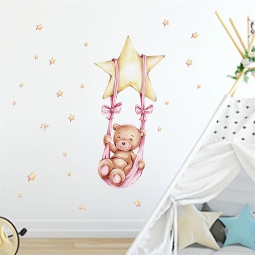 Cute Sleeping Baby Bear and Stars Wall Stickers, sacinora Cartoon Animals DIY Wall Decals Removable Vinyl Peel and Stick for Kids Baby Boy Girl Nursery Bedroom Playroom Toddler Room Art Decorations
