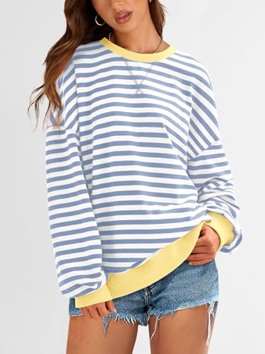 Striped Oversized Sweatshirt - Lightweight Fall Pullover Top - Small Blue Beige
