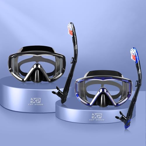 EXP VISION 2-Pack Black & Blue Panoramic 3 Window Snorkel Masks with Dry Top Snorkels for Diving & Swimming