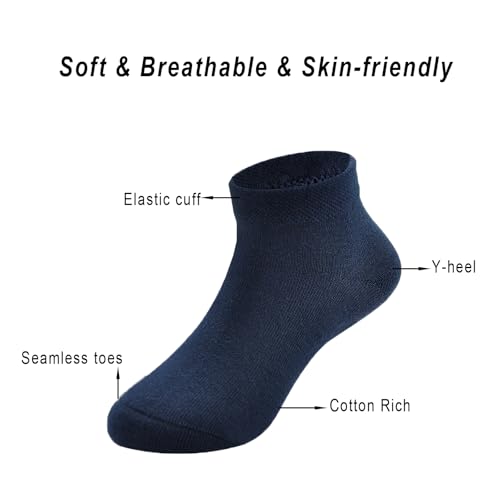 Kids' Low Cut Ankle Socks - Cotton Seamless Toe, Navy, 4 Pairs, 6-8 Years