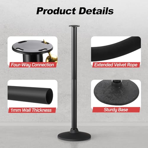 BATTIFE Plastic Stanchion Posts with Black Velvet Ropes and Weighted Rubber-Plastic Base, Crowd Control and Queue Management Barrier Poles for Party, Event, Red Carpet (2 Pack)