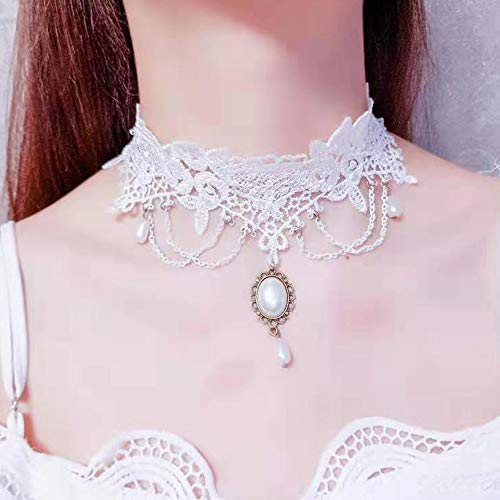 Romantic White Lace Pearl Pendant Necklace with Tassels - Bridal Jewelry