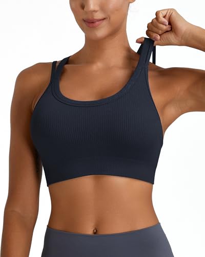Nikuja High-Impact Sports Bra for Women - Criss-Cross Back, Padded Strappy, Black+White+Blue, Medium