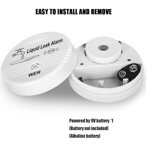 WER Water Leak Alarm Sensor, Battery Operated Leak Alert, 90dB Water Detector for Basements, Bathrooms, Laundry Rooms, Kitchens, Garages and All Office Areas (Shipped Without Battery, 4 Pack)