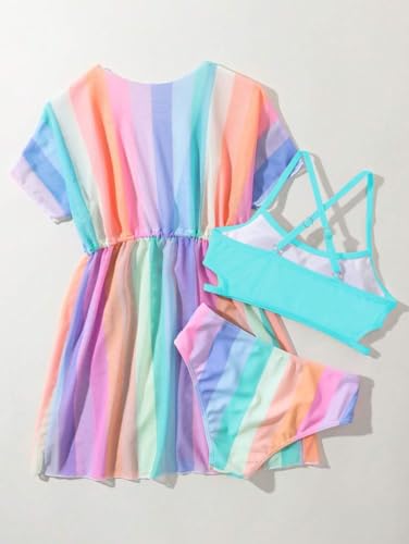 Girls 3-Piece Striped Multicolored Bikini Set with Cover Up - Ages 6-14