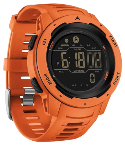Men's Digital Sports Watch - Waterproof Pedometer with Stopwatch & Alarm - Orange