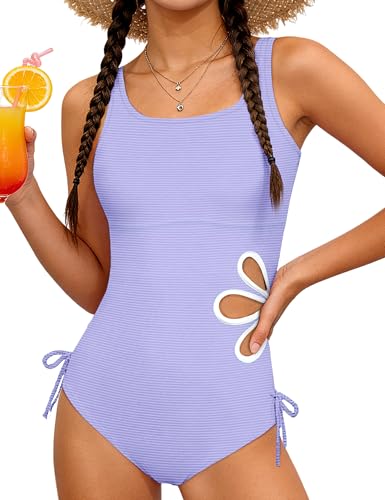Girls Solid Color Cut Out One Piece Swimsuit with Chest Pad - Lavender, 13-14 Years