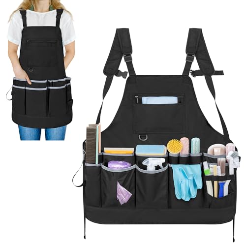 Professional Cleaning Apron for Housekeeping, Water-resistant Cleaning Apron with Multiple Pockets for Women and Men, Adjustable Waist Apron for Cleaning Work Tools, Black