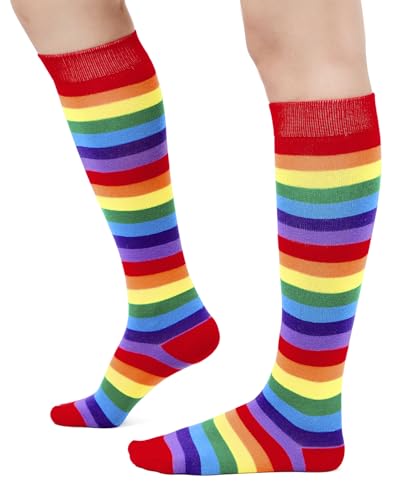Knee High Socks for Women - Novelty Holiday Print - Red-Rainbow
