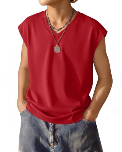 Boys V-Neck Tank Top - Lightweight Cap Sleeve Shirt - Red, 11-12 Years