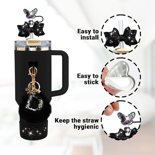 Stanley Cup Accessories Set - Black Butterfly Straw Cap & Bling Bow