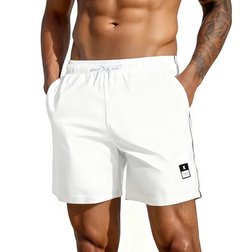 Quick Dry Men's Swim Trunks - 5-Inch Inseam Beach Shorts - Beige, Medium