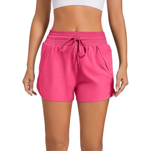 High Waisted Running Shorts for Women - Quick Dry, Liner, Zipper Pocket, X-Small/Rose Red