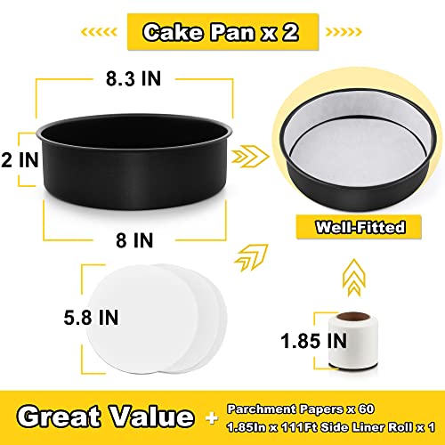 8 Inch Cake Pans Set of 2 with Nonstick Coating & Pre-Cut Parchment Paper (E-far)