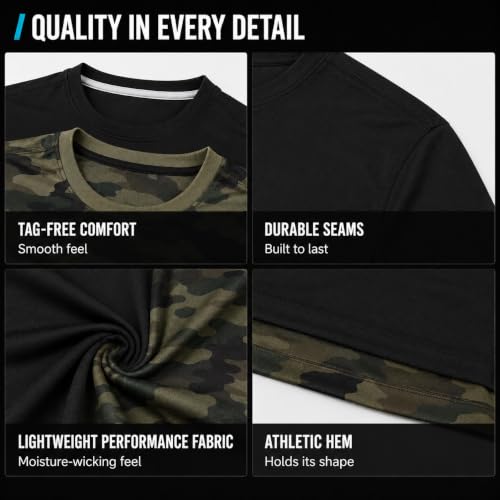 RBX Boys T-Shirts Pack - 2 Lightweight Moisture Wicking Crewnecks, Green Camo, 14-16