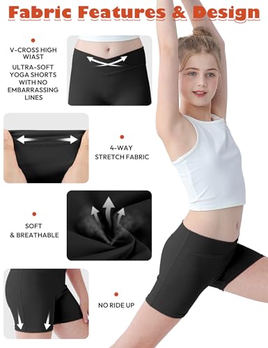 High Waisted Girls Athletic Biker Shorts - Black, Size 5-16Y