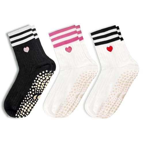 Non-Slip Yoga Pilates Grip Socks - Heart Pattern - 3-Pair Set - Black/White/Pink