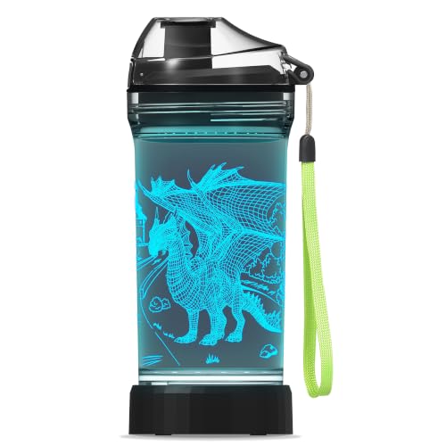 Ammonite Dragon Kids Water Bottle with 3D Glowing LED Light - 14 OZ BPA-Free Tritan, Travel Cup, Gift for Boys & Kids - Variation 2
