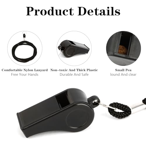 Loud Plastic Coach Whistle with Lanyard - Black 2 Pack