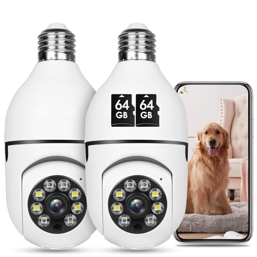 Light Bulb Security Camera HD Pan Tilt Wireless 360 Degree Floodlight Night Vision 5Ghz with Floodlight Human Motion Detection and Alarm 2pack with 64GB Card