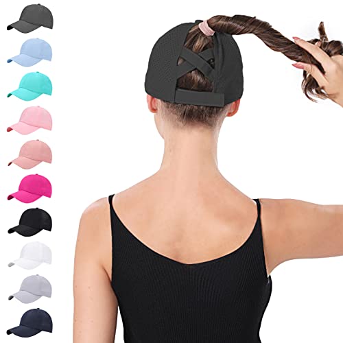 BUTITNOW Women's Medium Black Criss Cross Ponytail Baseball Cap - Adjustable Mesh Trucker Hat